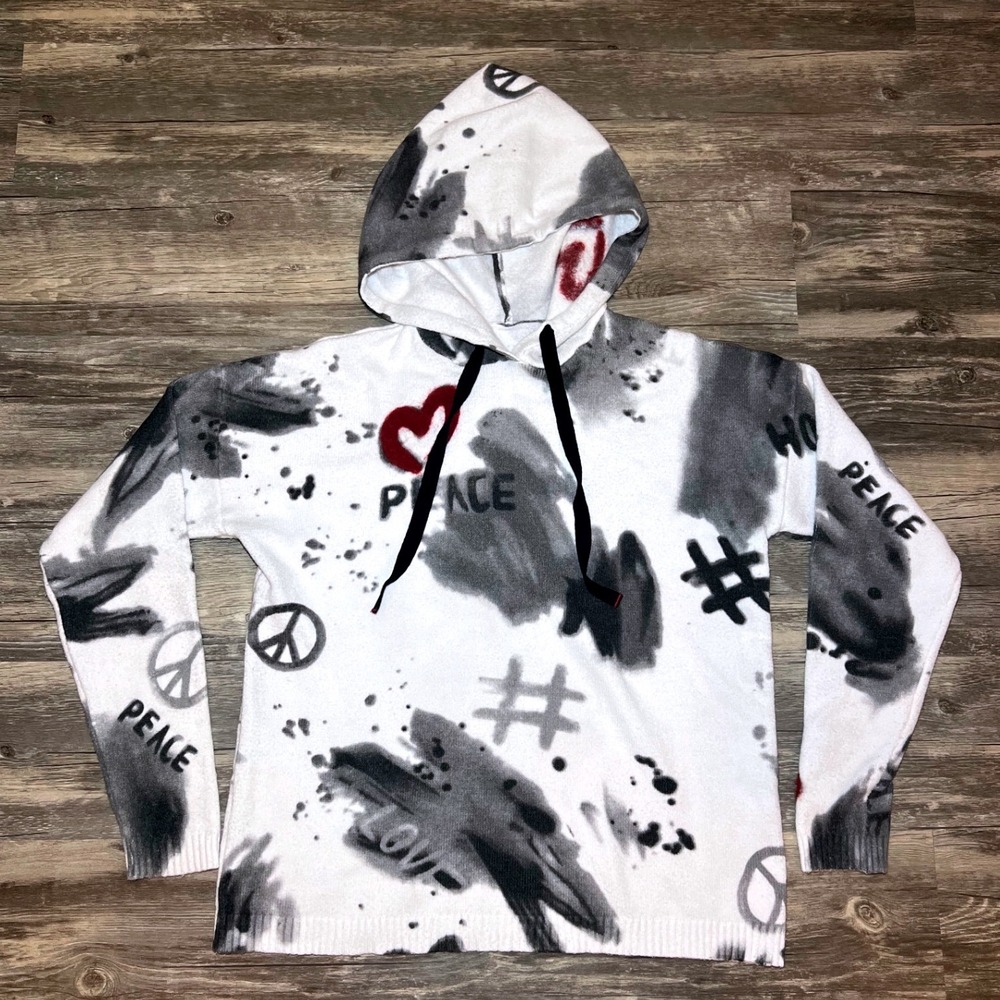 Charlie B Graffiti Peace Hope Love Hooded Knit Sweater Artsy Y2K Streetwear